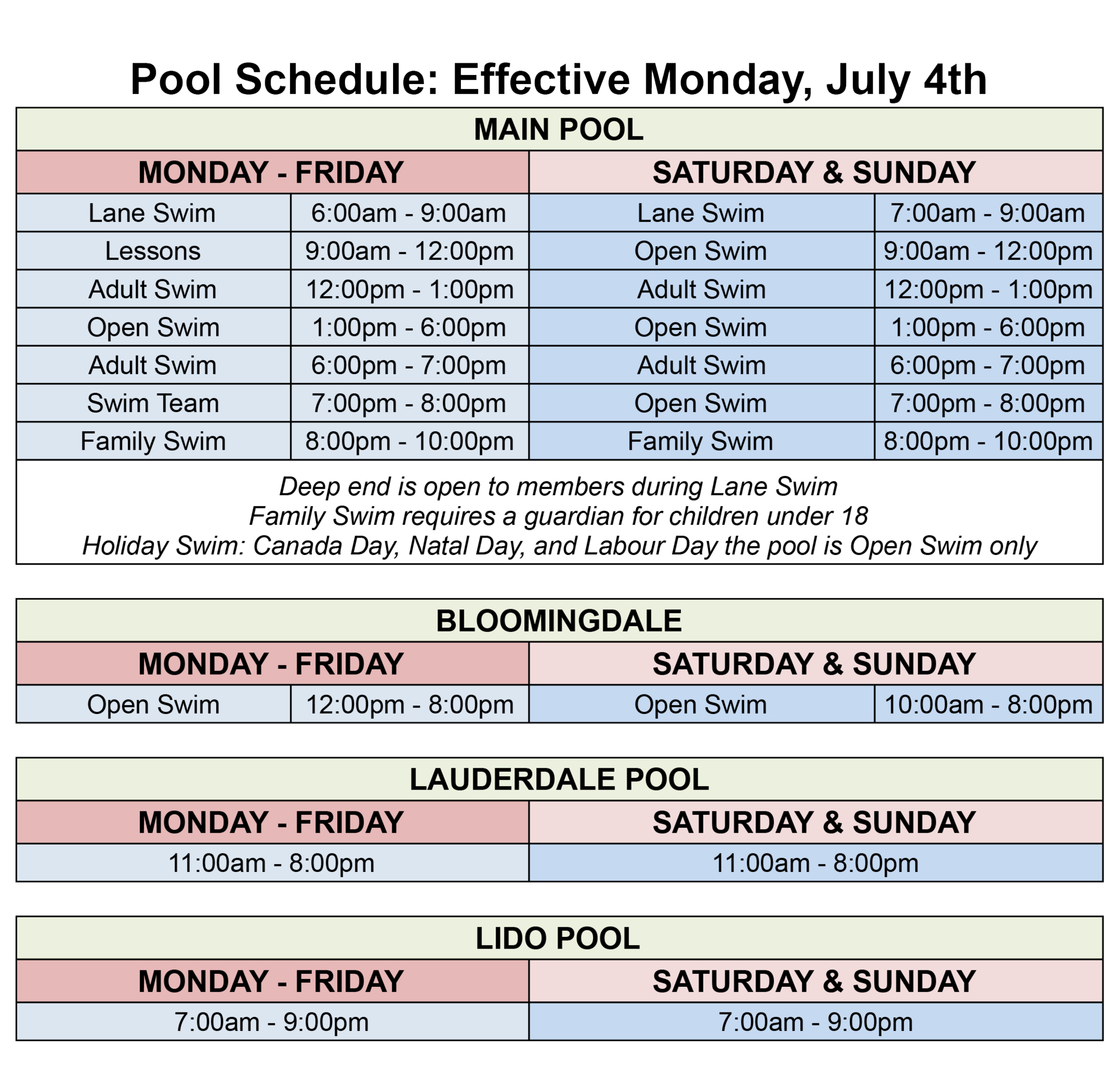 Pool Schedule The Waegwoltic Club